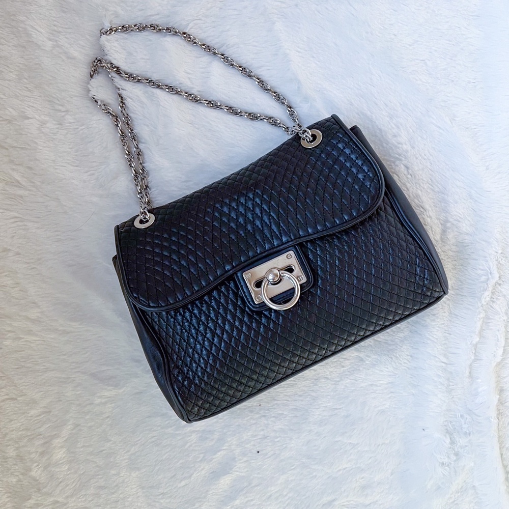 Ann Taylor Genuine Leather Quilted Flap Shoulder Handbag Black Chain Strap